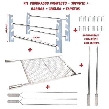 Imagem de Kit Suporte Churrasqueira + Grelha Inox 70x50cm + 4 Espetos