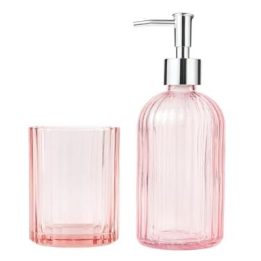 Imagem de Kit para Banheiro 420ml 2 Peças Dispenser e Copo de Vidro Rosa, ideal para pia de banheiro. (2)