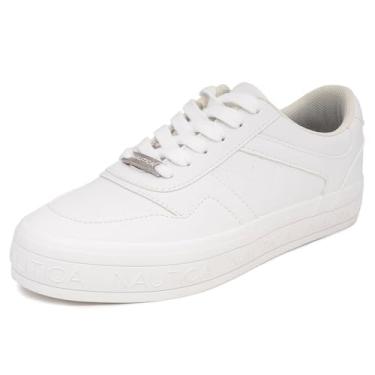 Imagem de Nautica Tênis feminino moderno com cadarço – Tênis casual de caminhada e tênis de cano baixo com plataforma ou salto regular, Branco, 38