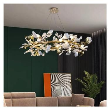 Imagem de Lustre moderno de galho de árvore compatível com sala de jantar, sala de estar, quarto, cozinha, bar, folha de ginkgo, dourado, redondo, lustre suspenso, luminária de lustre