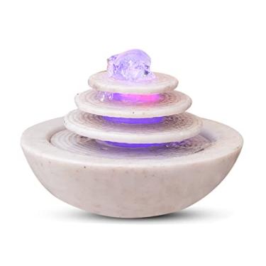 Imagem de Fontes de mesa para interior fonte de água de mesa zen cascata Feng Shui cascata decoração de casa mesa centro de mesa fonte relaxante disco de 3 camadas e bacia circular com luzes LED bola 7,8 I