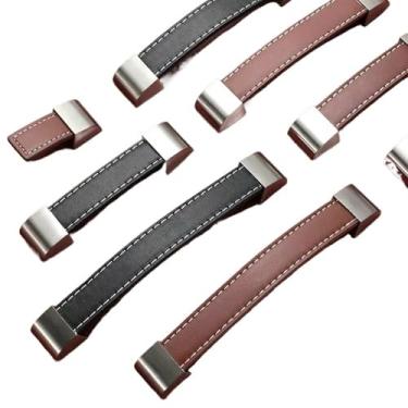 Imagem de CXYFQUUK Puxadores de couro para porta de armário puxadores de gaveta de cômoda feitos à mão para porta marrom preto puxadores de móveis puxadores de porta de armário 2 peças (preto - 160 mm)
