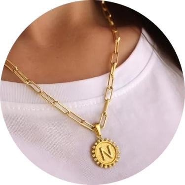 Imagem de Colar com pingente circular inicial A-Z, joia personalizada de aço inoxidável com bordas decorativas, adequado para mulheres, F, Aço inoxidável, Sem Pedra Preciosa