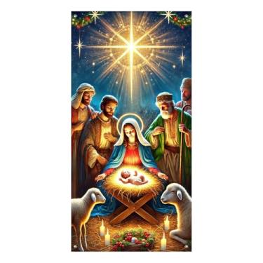 Imagem de BlissYard Capa de porta de Natal para presépio sagrado 89 x 188 cm, faixa decorativa com o bebê Jesus Maria José Pastores Animais e Estrelas para celebrações de inverno internas e externas