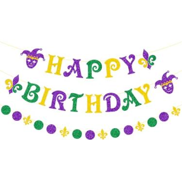 Imagem de Zwiebeco Faixa de Feliz Aniversário Ouro Verde Roxo Círculo Bolinhas Íris Bunting Guirlanda Papel Pendurado Decorações de Festa para Meninos Meninas Homens Mulheres Adultos Tema Mardi Gras Bday