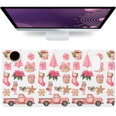 Imagem de Tapete de mesa grande couro PU caminhão de Natal tapete de mouse pad grande à prova d'água para jogos antiderrapante árvore de Natal teclado mouse pad para jogadores escritório e casa