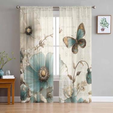 Imagem de Cortinas transparentes vintage tulipa 226 cm de comprimento conjunto de 2 painéis para sala de estar/quarto, azul-petróleo turquesa floral borboleta pastoral semi cortina transparente cortinas com