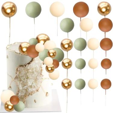 Imagem de Ephlyn 32 peças de topo de bolo colorido em forma de bola bolas de pérola enfeite de bolo de cupcake para festa de aniversário suprimentos de decoração de casamento dourado marrom cáqui verde