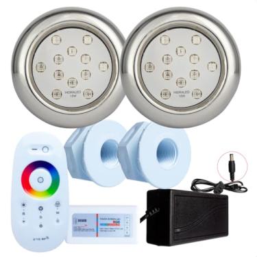 Imagem de Kit Iluminação Piscina Hidraled, 2 Refletores LED RGB Inox 18W, 2 Nichos para piscina de Fibra, Controle Remoto Touch