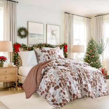 Imagem de Conjunto de edredom leve Seersucker Botanical Twin Size, edredom de cama com design reversível, conjunto de cama de microfibra premium, conjunto de edredom e fronha, terracota