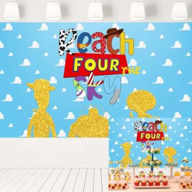 Imagem de Reach Four The Sky Backdrop Fundo Branco Nuvem Azul Gliiter Faixa de Brinquedo Dourado Decorações de Festa de Aniversário 1,5 x 0,9 m 31