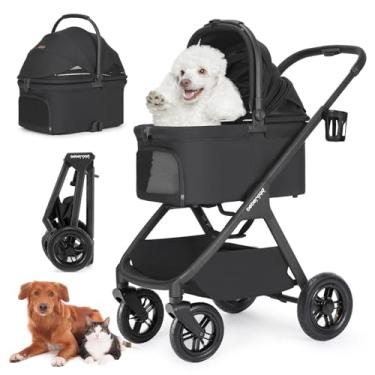 Imagem de Beberoad Pets Carrinho de bebê de luxo X-5 para cães médios com menos de 25 kg ou 2 cães e gatos pequenos, dobrável com um toque, alça ajustável e bolsa removível (rodas infláveis pretas)
