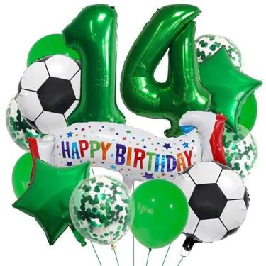 Imagem de Balão de futebol verde número 14, balões de alumínio de 14 anos, balões coloridos de banner de 14 anos para futebol, kits de balões esportivos de 14 anos, balões de festa, meninos, decoração de festa