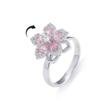 Imagem de Pink Cherry Blossom Fidget Spinner Ring for Women Imitation Cubic Zirconia Flower Adjustable Open Promise Wedding Band Unique Rotating Anxiety Spinning Rings Delicate for ADHD Stress Relief Jewelry
