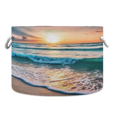 Imagem de JUZIHAI Cesto de armazenamento grande para praia, pôr do sol, cesto de roupa suja dobrável à prova d'água com alças de corda de algodão para organização doméstica no quarto, banheiro e carro