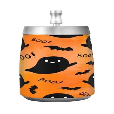 Imagem de Qilmy Cinzeiro de aço inoxidável padrão de Halloween com tampa - Cinzeiro de cigarro à prova de vento sem cheiro sem fumaça para casa, escritório, carro, pátio, varanda (uso interno e externo)