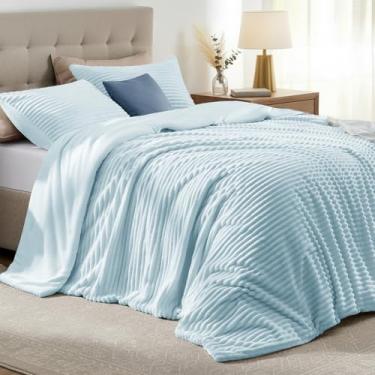 Imagem de Quataly Conjunto de edredom Queen fofo com 3 peças - edredom macio e felpudo, azul claro, tamanho Queen para o inverno, 1 edredom alternativo de luxo com 2 fronhas