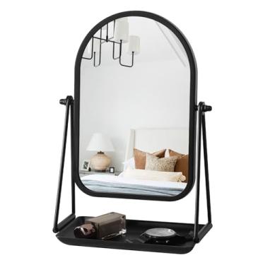 Imagem de Espelho de mesa de mesa preto arco espelho de mesa espelho de maquiagem moldura de ferro espelhos de bancada giratórios de 360 graus para vestiário, banheiro, quarto, apartamento