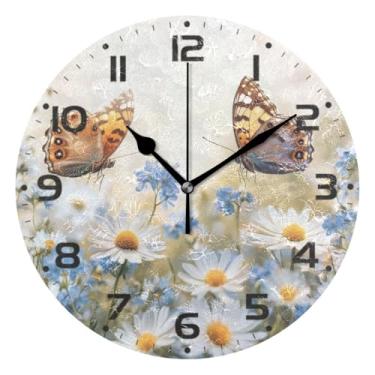 Imagem de JUZIHAI Relógio de parede com flores, borboletas, silencioso, redondo, sem tique-taque, operado por bateria, fácil de ler, relógio decorativo de parede para casa, cozinha, sala de estar, quarto