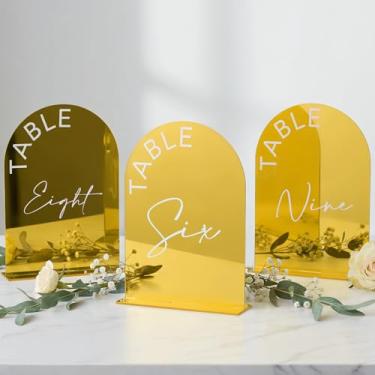 Imagem de Números de mesa de casamento em arco espelhado dourado 1-10 com suportes 12 x 17 cm ouro espelhado acrílico placa número de mesa suporte para festas de recepção de casamento, decoração de mesa de