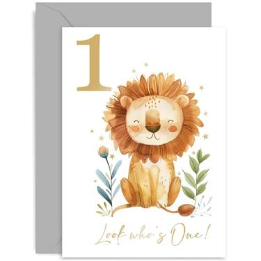 Imagem de Old English Co. Cartão de 1º aniversário para menino ou menina - Presente de aniversário unissex de 1 ano de idade para ele ela - Design de folha dourada de leão fofo - para filho, filha, neto, neta |