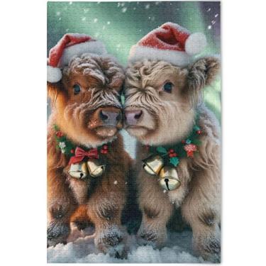 Imagem de Quebra-cabeça fofo de Natal de vacas Highland personalizadas 500 peças para adultos decoração de pintura animal divertido presente de mordaça quebra-cabeça família amantes presentes, 52 cm x 37,8 cm