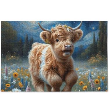 Imagem de Quebra-cabeças personalizados de vaca Highland floral fofo adulto 1000 peças quebra-cabeça animal arte colorida quebra-cabeças divertidos para adultos elefante branco presentes engraçados, 75 cm x 50