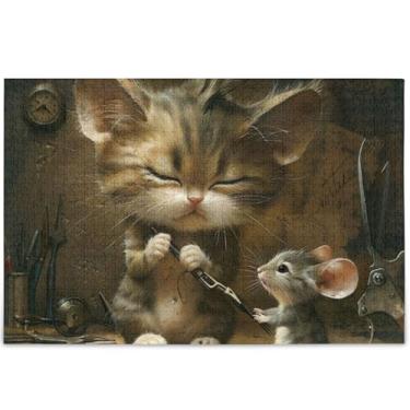 Imagem de Engraçado gato rato fofo quebra-cabeça 1000 peças para adultos arte brinquedo pintura único divertido brinquedo adulto presentes personalizados para jogo de elefante branco, 75 cm x 50 cm
