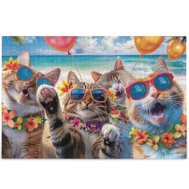 Imagem de Quebra-cabeça de praia de gatos sorridentes personalizados para adultos 1000 peças pintura artística floral natureza família quebra-cabeças divertidos amigos família presentes de jogos, 75 cm x 50 cm