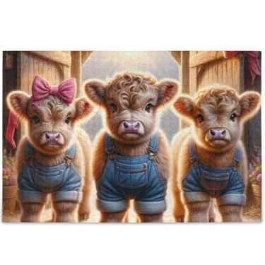 Imagem de Highland Cow Bezerro Engraçado Personalizado Quebra-Cabeça 1000 Peças para Adultos Presentes Tecnológicos para Amantes Quebra-cabeça Divertido Família Impressão Arte Animal, 75 cm x 50 cm