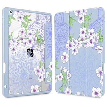 Imagem de Mektron Capa impressa para iPad de 10,2 polegadas 2021/2020/2019, para iPad 9ª/8ª/10ª geração, porta-lápis embutido com capa à prova de choque transparente + suporte de três dobras, flor Sakura azul