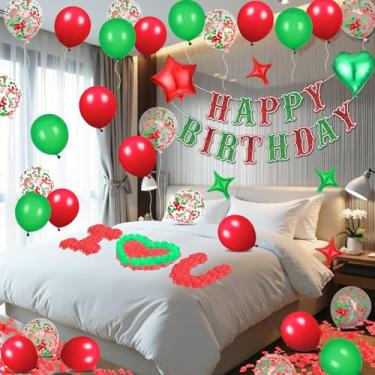 Imagem de Balões de feliz aniversário verdes vermelhos decorações Natal aniversário letras banner com 6 peças balões estrela pétala de rosa artificial 24 velas de LED sem chama para quarto hotel festa