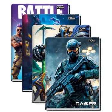 Imagem de Kit 4 Cadernos Gamer Jogadores Brochura Grande 96 Folhas Capa Dura - N