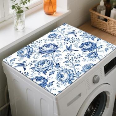 Imagem de GLOBLELAND Blue Flowers Lavadora e Secadora Tapete de Cobertura de Poeira 59,9 x 49,8 cm Pássaros Ramos Máquina de Lavar Protetor Superior Almofadas Antiderrapantes para Secador de Lavar Roupa para