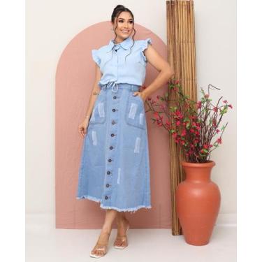 Imagem de Saia Jeans Feminina Longa Com Botões Cintura Alta Moda Crista Evangéli