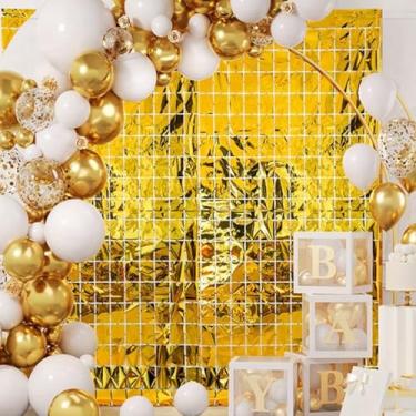 Imagem de 3 peças de cortina de fundo com franjas douradas, grande cortina de tinsel quadrada metálica brilhante, decorações de fundo de cabine de fotos de festa com brilho dourado para aniversário, casamento