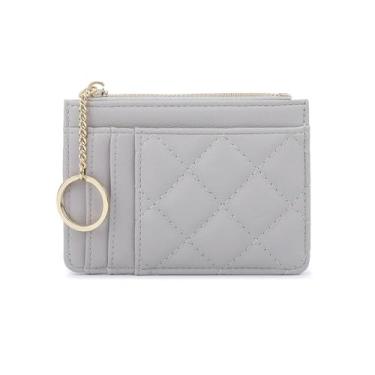 Imagem de Carteiras femininas de couro cinza pequenas finas com bolso frontal com bloqueio de RFID com porta-cartões com chaveiro