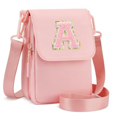 Imagem de CLOUDWINGS Presentes de aniversário para meninas, bolsa transversal pequena, inicial para celular, bolsa tiracolo com compartimento triplo, rosa, A