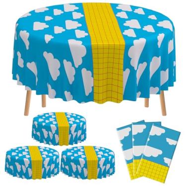 Imagem de Oudain 6 peças de bandeiras de mesa xadrez descartáveis céu azul branco nuvem amarela para artigos de festa de aniversário, 203 cm, suprimentos de capa de mesa para decoração e decoração de festas