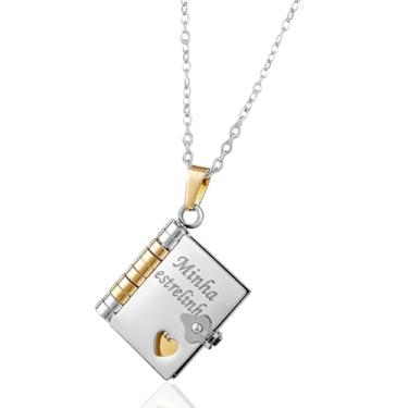 Imagem de LOMISS Colar com pingente de mini livro em formato de coração que se abre corrente para clavícula colar com pingente de livro gravado colar em aço titânio moderno e versátil (Minha estrelinha, Prata)