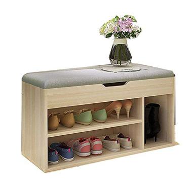 Imagem de U5GAAALPPQ9 Rack de armazenamento Rack de banco de sapatos com almofada banco de assento acolchoado organizador de sapatos de 3 níveis para entrada de corredor, sapateira livre (cor: 80 x 30 x 45 cm