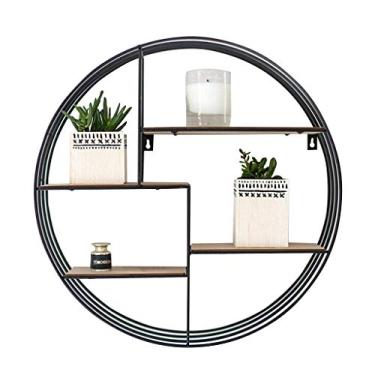 Imagem de Prateleiras flutuantes prateleira de parede redonda metal ferro madeira para bar sala de estar | Prateleira de cubo para pendurar na parede para quarto como estante de livros | Moldura de unidade