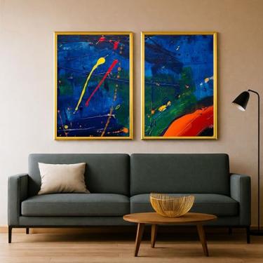 Imagem de Kit 2 Quadros Decorativos Luxo Abstratos Arte Colorida Sala Hall Quarto 80x60 (04, Dourado, 80x60)