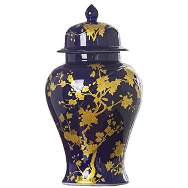 Imagem de Vasos de cerâmica azul com padrão dourado para decoração de casa, vaso de flores secas modernas para sala de estar, jarra de templo, frascos de presente de porcelana chinesa - pequeno