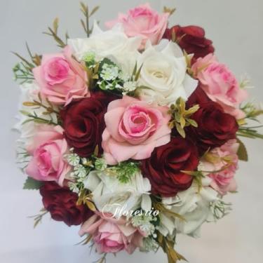 Imagem de Buquê de Noiva Artificial com Flores Coloridas para Casamento Civil ou Religioso(RosaVeludo/Branco/Vermelho)