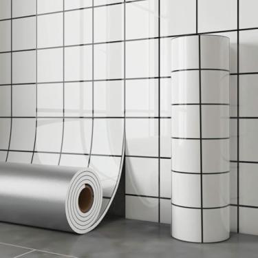 Imagem de Papel de parede imitação de azulejo/efeito de mármore renovação de parede autoadesivo espesso adesivo de parede impermeável e à prova de óleo para cozinhas, banheiros e lavatórios, branco quadriculado