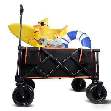Imagem de Strolking Carrinho de praia dobrável de 129,5 cm L com rodas de areia de 23 cm, carrinho de praia dobrável resistente de 260 L com porta traseira para areia, acampamento, pesca e esportes, preto