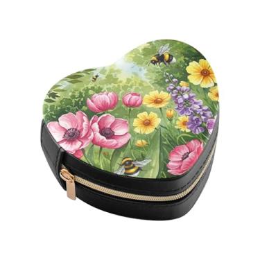 Imagem de Burbuja Caixa de joias em forma de coração de jardim de abelhas de primavera mini estojo de joias de viagem para mulheres e meninas, estojo portátil organizador de armazenamento para brincos, anéis