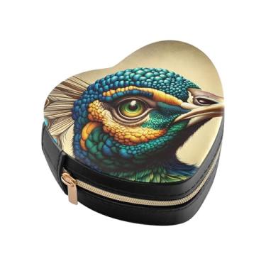 Imagem de Burbuja Caixa de joias em forma de coração com cabeça de pavão mini estojo de joias de viagem para mulheres e meninas, estojo portátil organizador de armazenamento para brincos, anéis, colares e