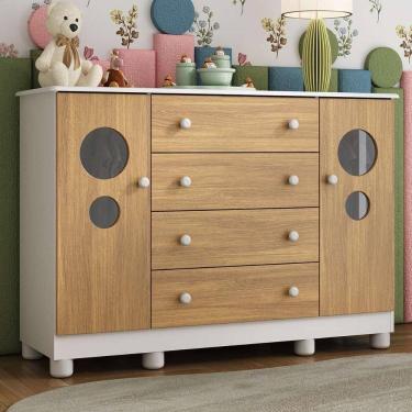 Imagem de Cômoda Infantil 125cm 2 Portas Com Vidro E 4 Gavetas Bombom Multimóveis MP4465 Branco-madeirado